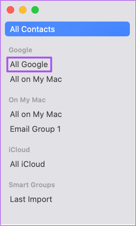 choose all google accounts contacts mac
