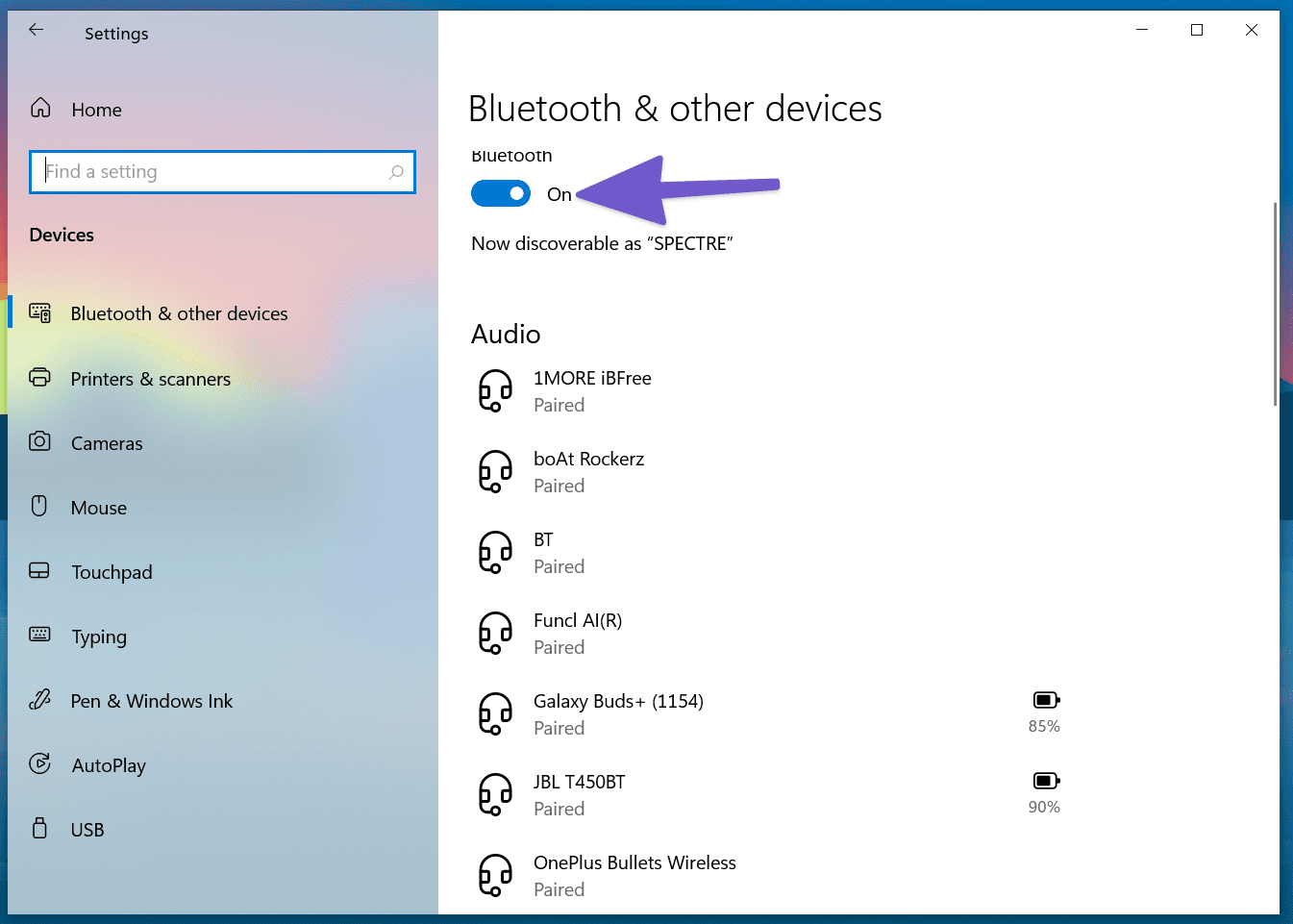 Enable bluetooth on device