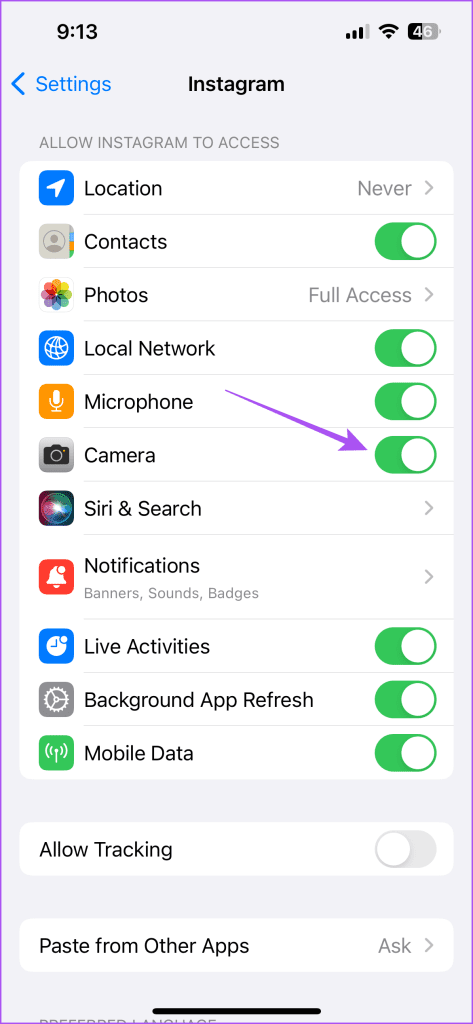 enable camera permissions instagram iphone