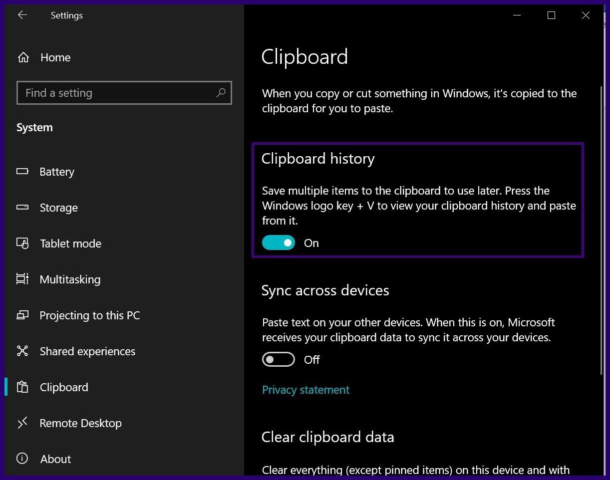 Enable clipboard history windows 10 step 4