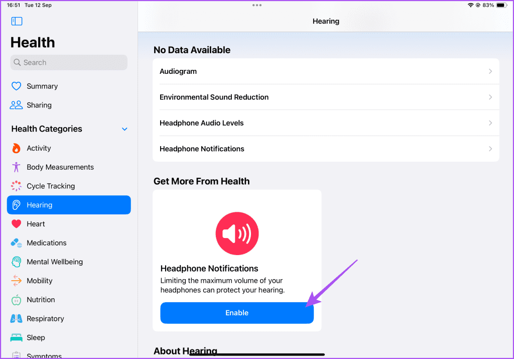 enable headphone notifications health iPad