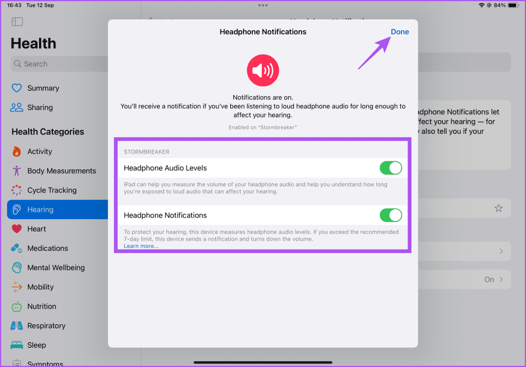 enable headphone notifications on iPad