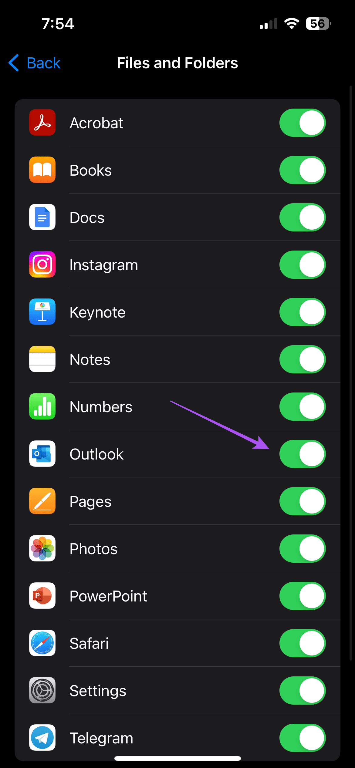 enable outlook file storage permissions iphone