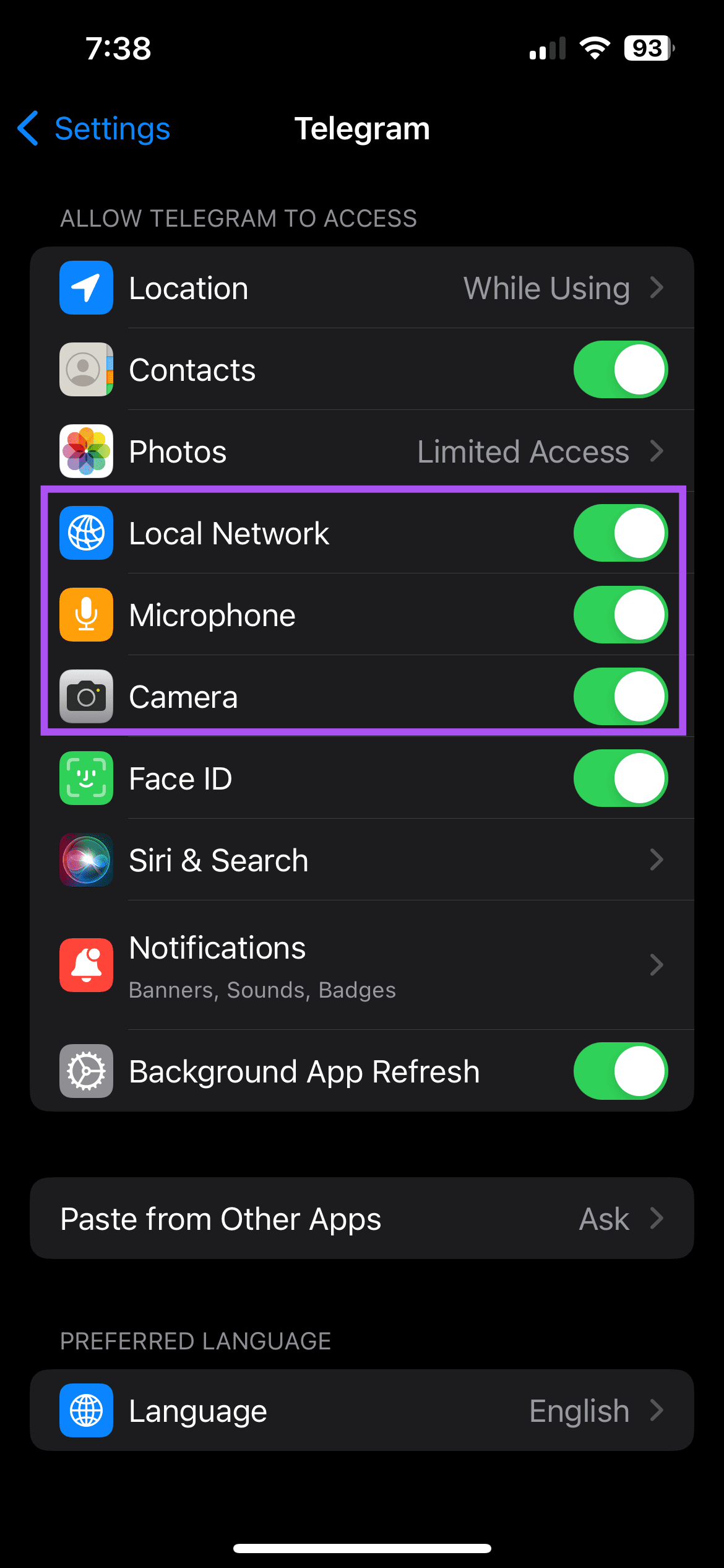 enable permissions telegram iphone