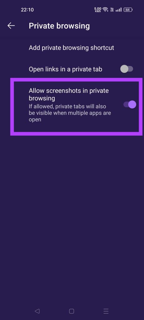 enable private screenshots toggle
