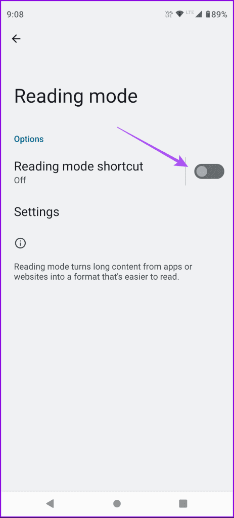 enable reading mode shortcut android
