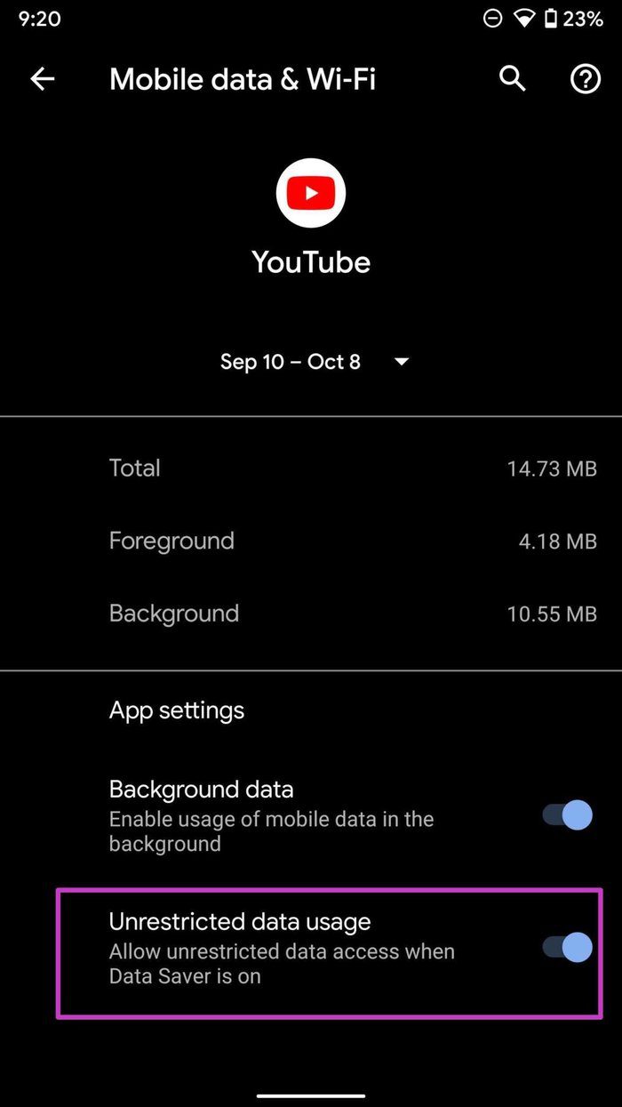 Enable unrestricted data usage for youtube