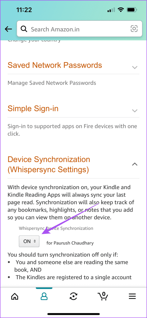 enable whispersync settings for kindle amazon app