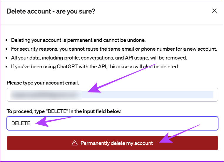 enter email, type delete and hit permanently delete my account