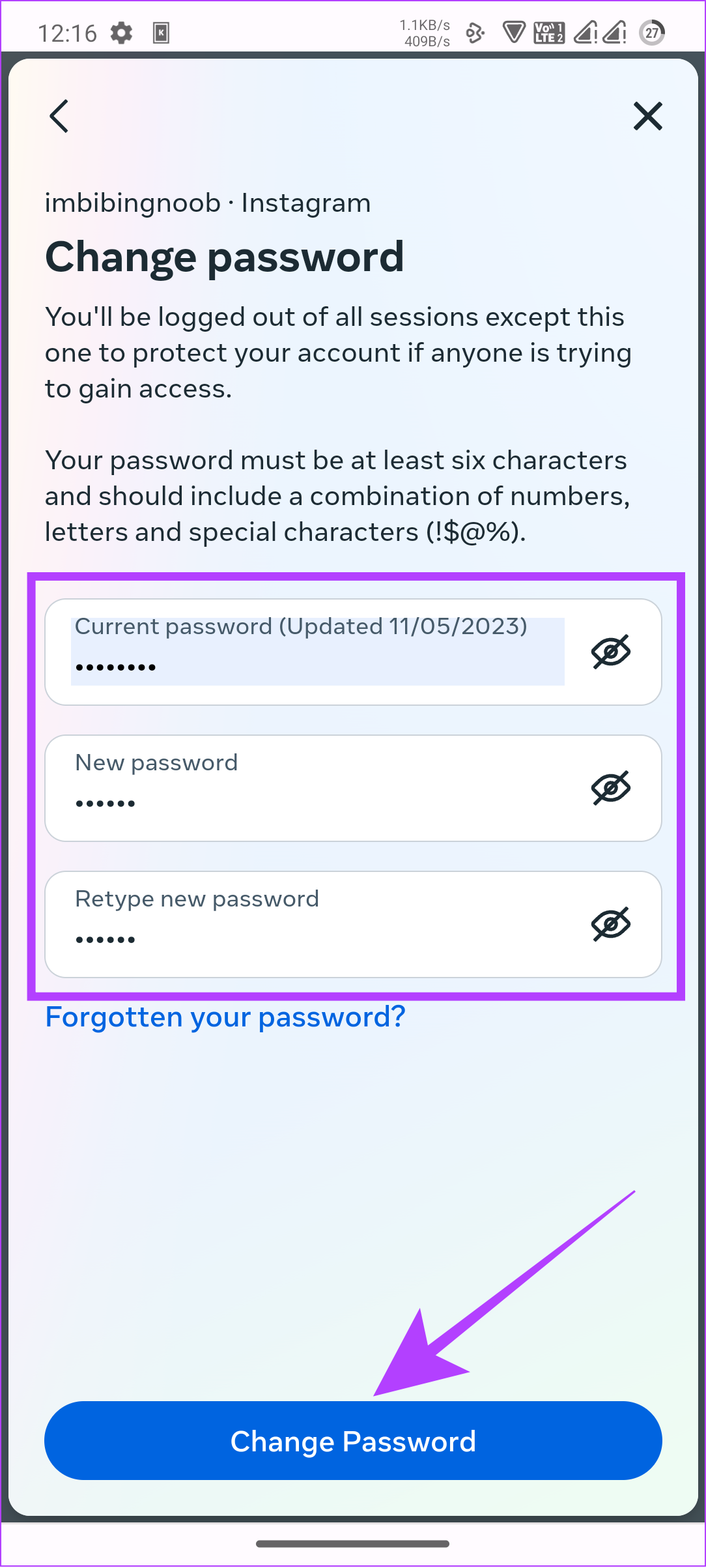 enter the new password and tap change password