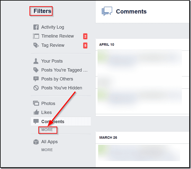 Facebook Features Activity Log Filters