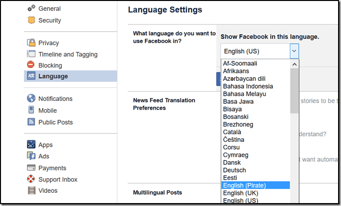 Facebook Features Language