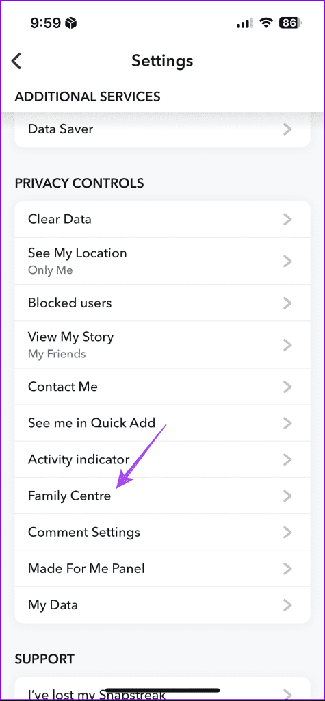 family center settings snapchat