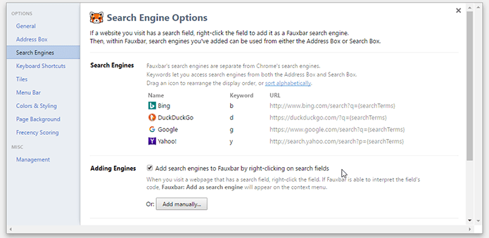 Fauxbar Search Engine Options