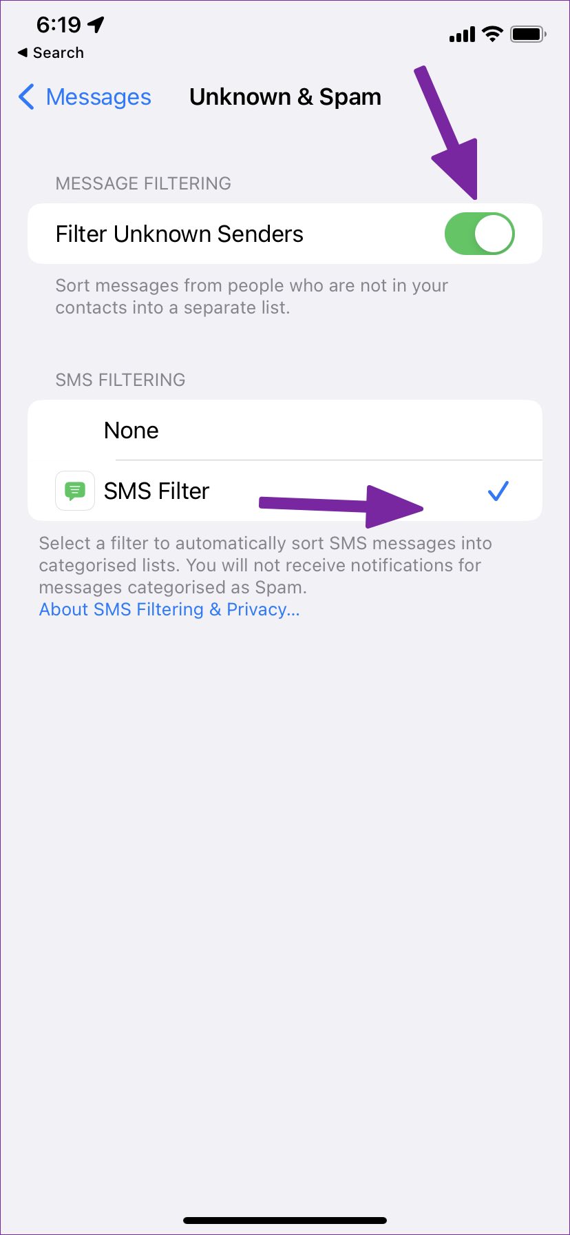 Enable SMS filter on iPhone