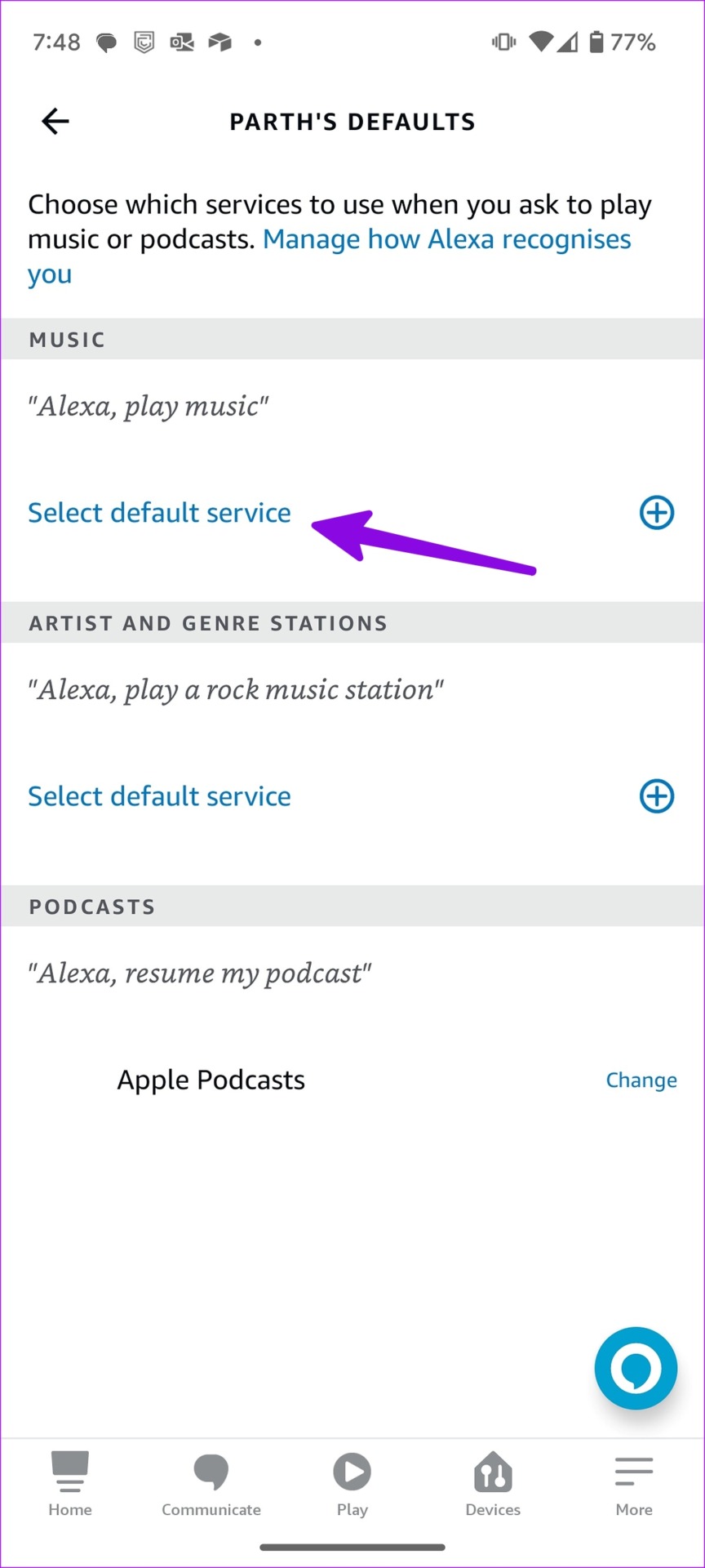 Default music service in Alexa