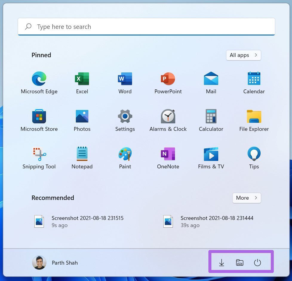 Folders in Windows 11 start menu
