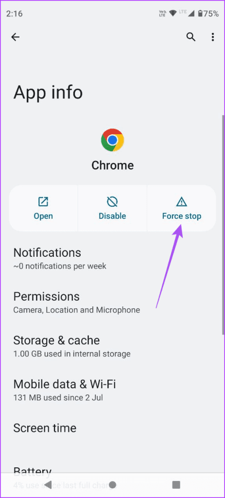 force stop chrome app info android