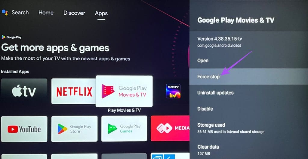 force stop google play movies android tv