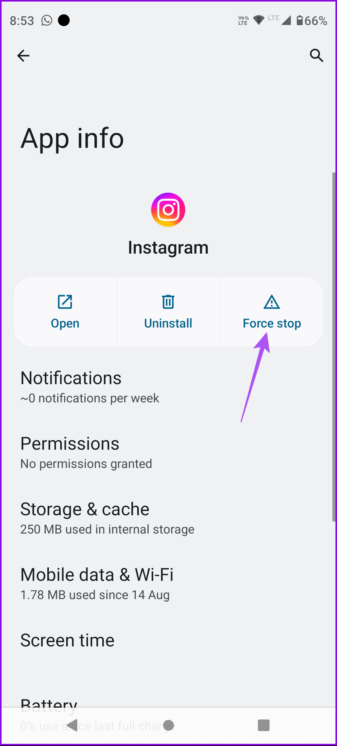 force stop instagram android