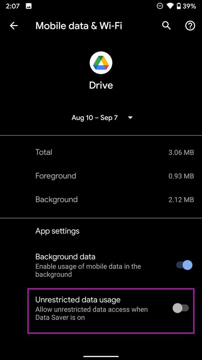 Give unrestricted data usage to google drive