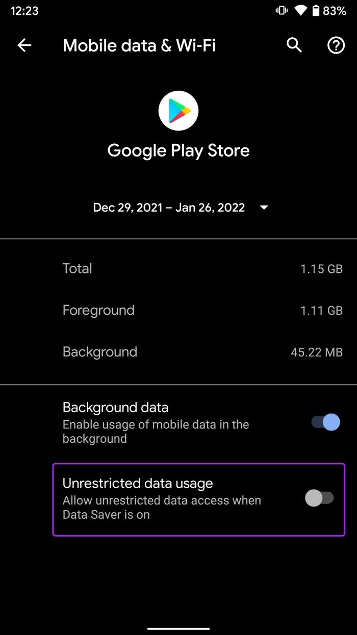 Gewähren Sie uneingeschränkte Datennutzung für Play Store-Apps, die nicht auf Android aktualisiert werden
