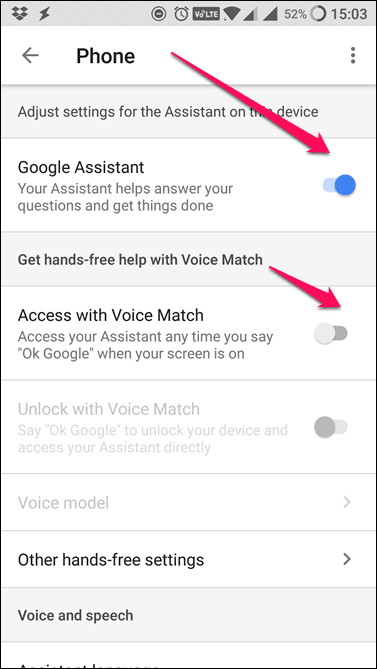 Google Assistant Voice Match Settings