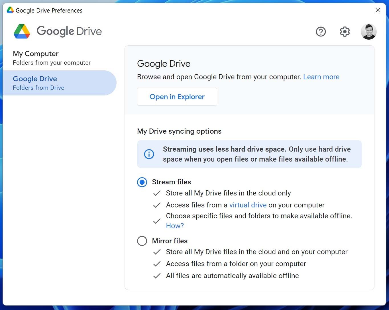 Google drive for windows options