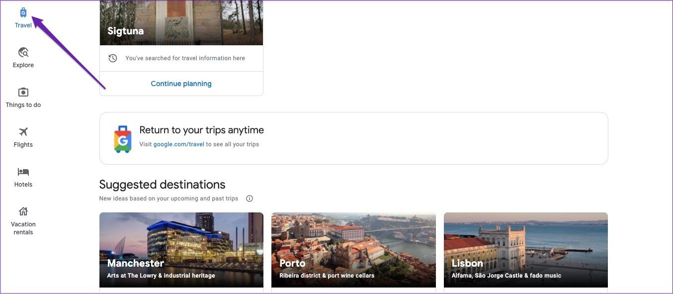 Google travel search for trip