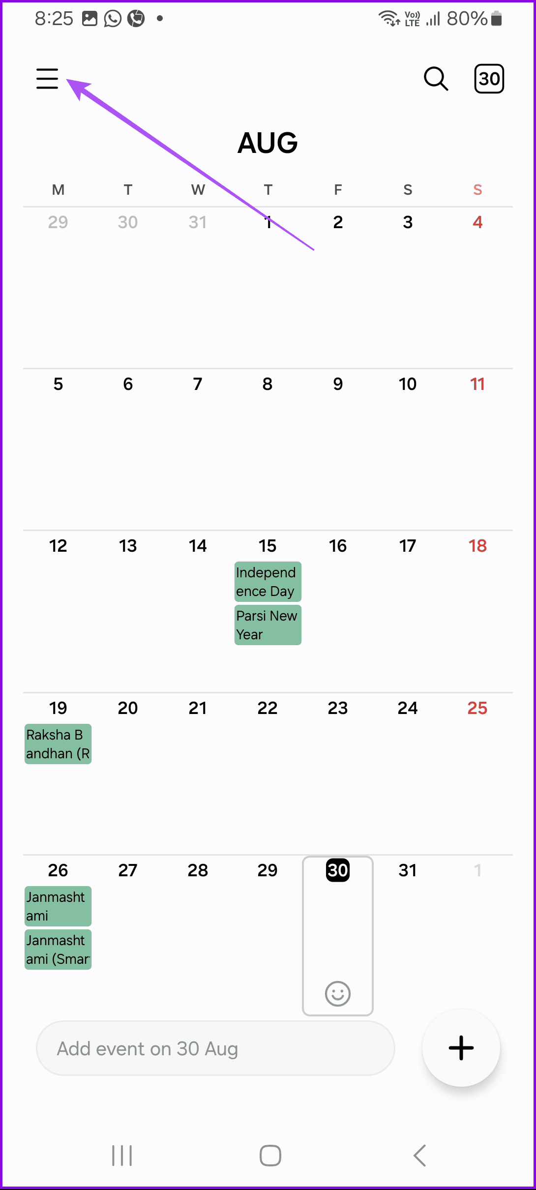 hamburger menu calendar app samsung