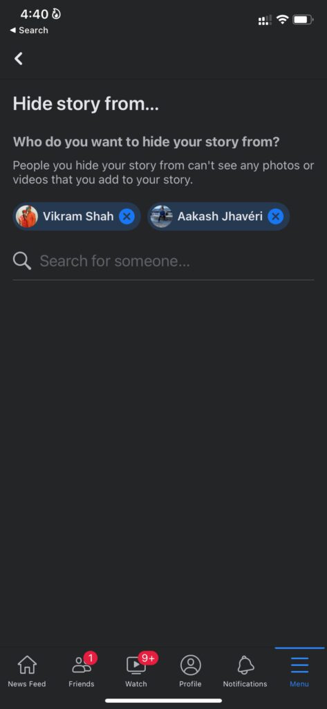 Search and select the people you want to hide stories from on Facebook