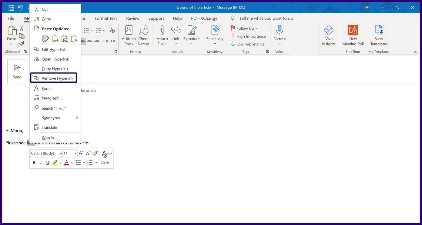 How to add and delete hyperlink in microsoft outlook step 12