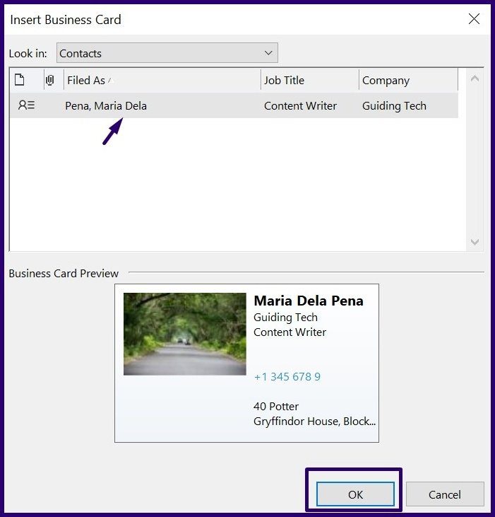 How to create and use business cards on outlook step 19