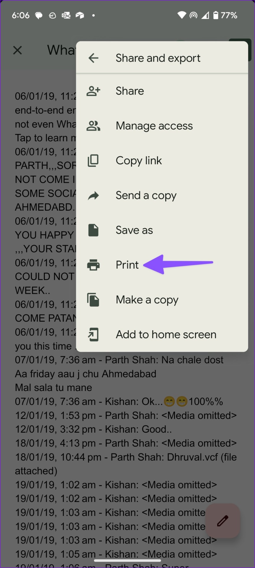 print whatsapp chat on android