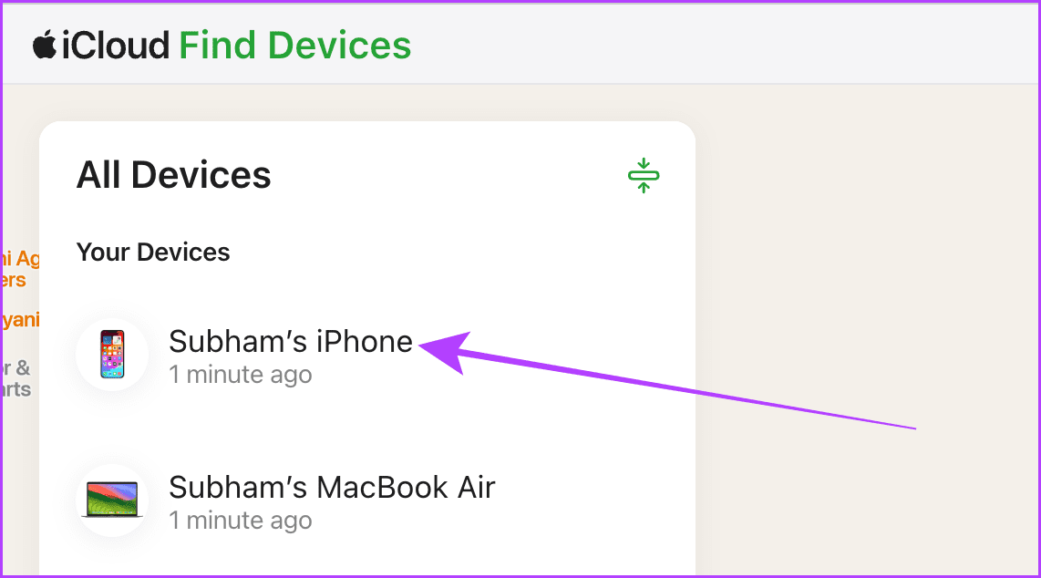iCloud Find My Devices List