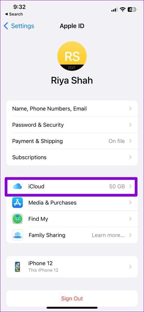 iCloud Settings on iPhone