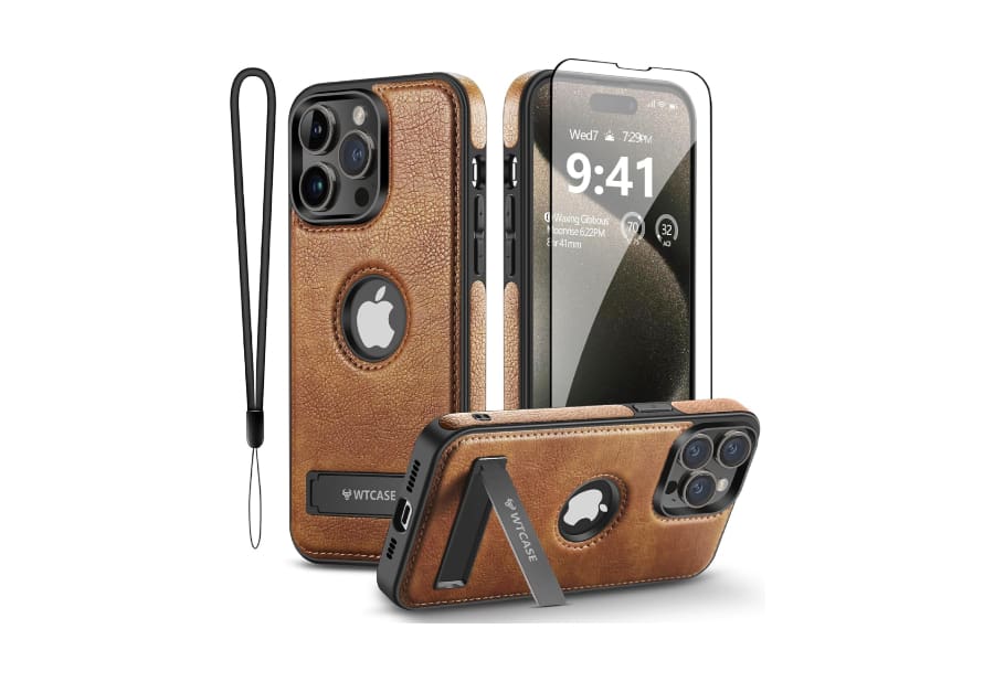 iPhone 15 Pro Max leather case with kickstand