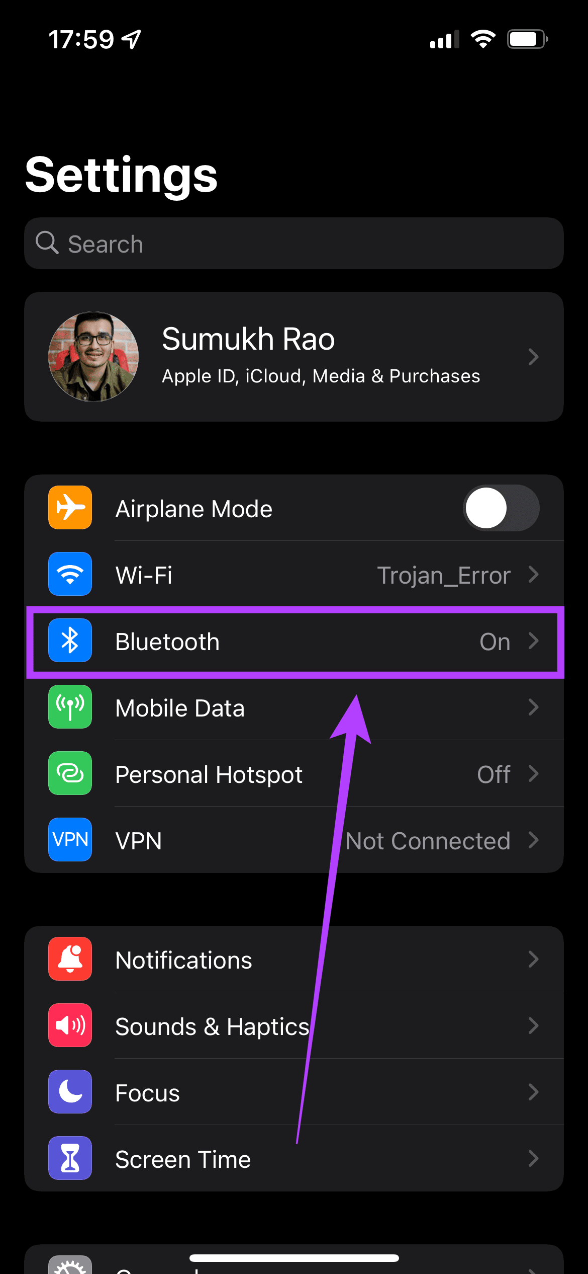 Bluetooth menu on iOS