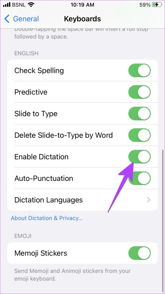 iPhone Settings Keyboard Dictation Enable