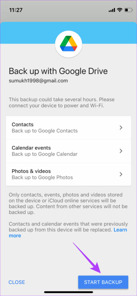 Start iPhone data back up
