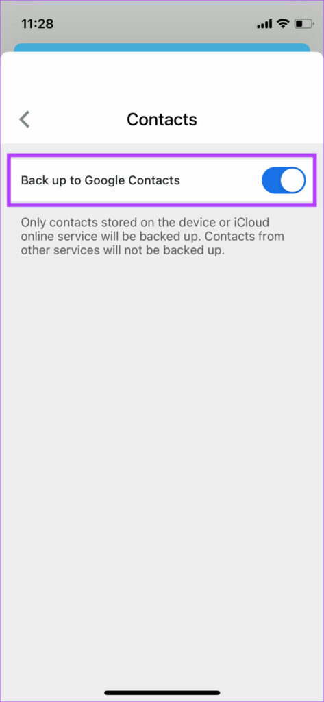 enable iPhone contact back up