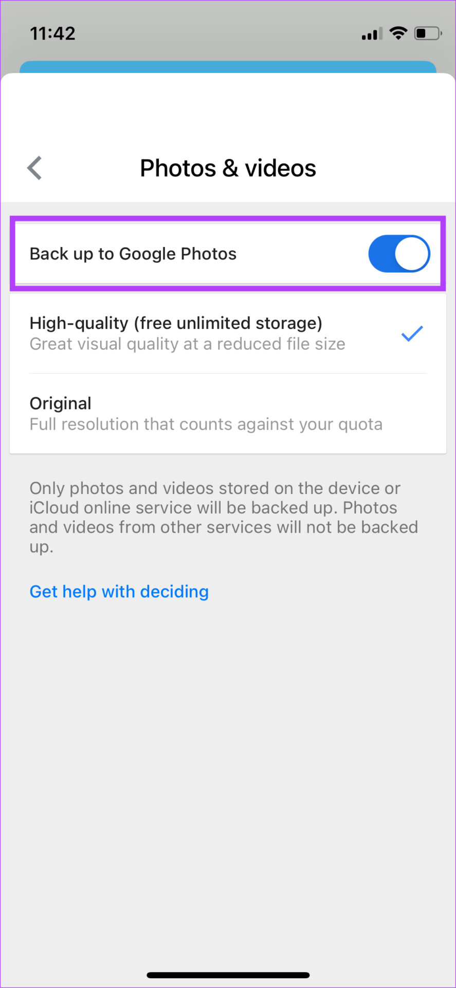 Enable back up of photos and videos