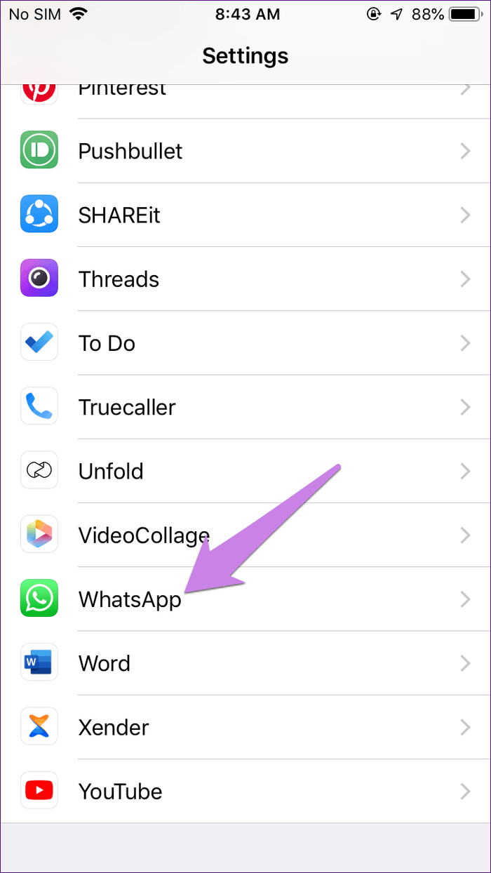 Select WhatsApp in Settings