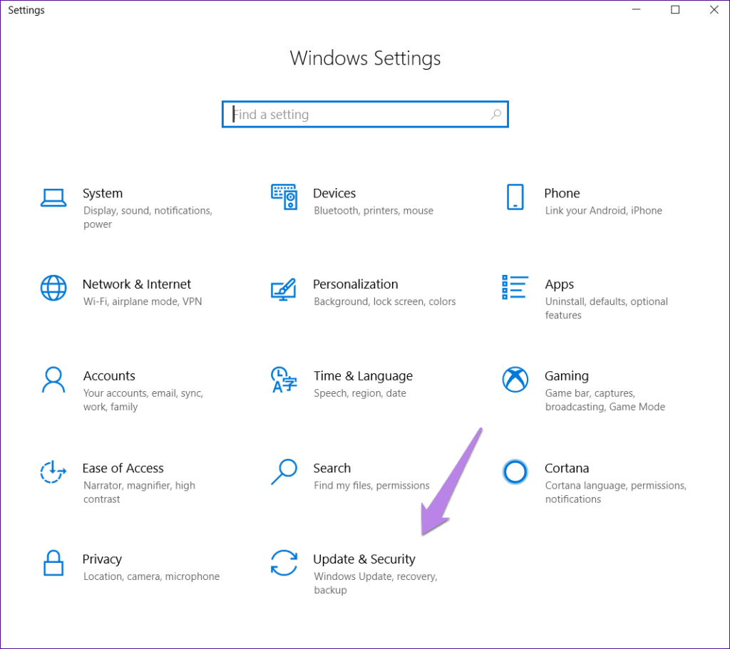 Select 'Update & Security' in Windows Settings