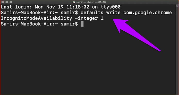 defaults write command to disable incognito mode in Chrome