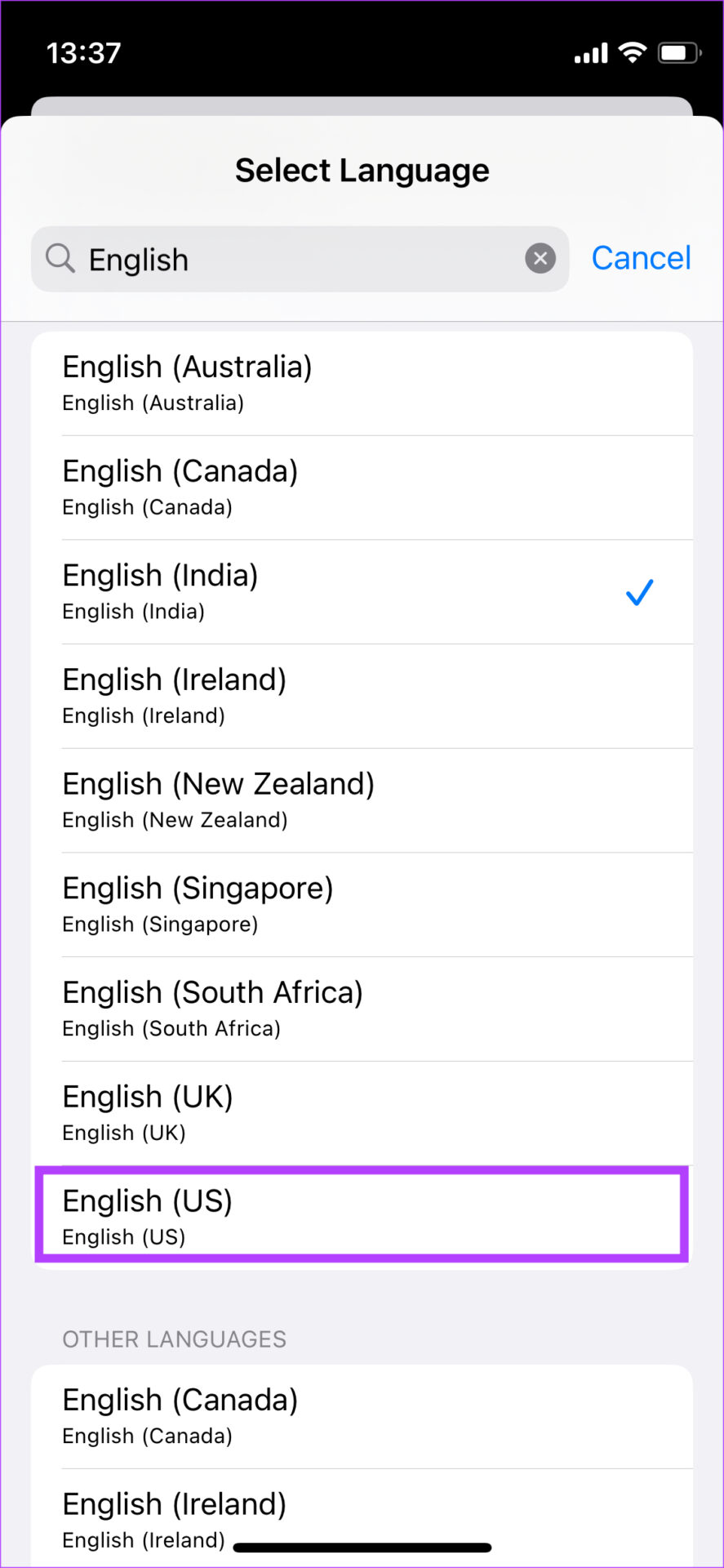 select English (US)