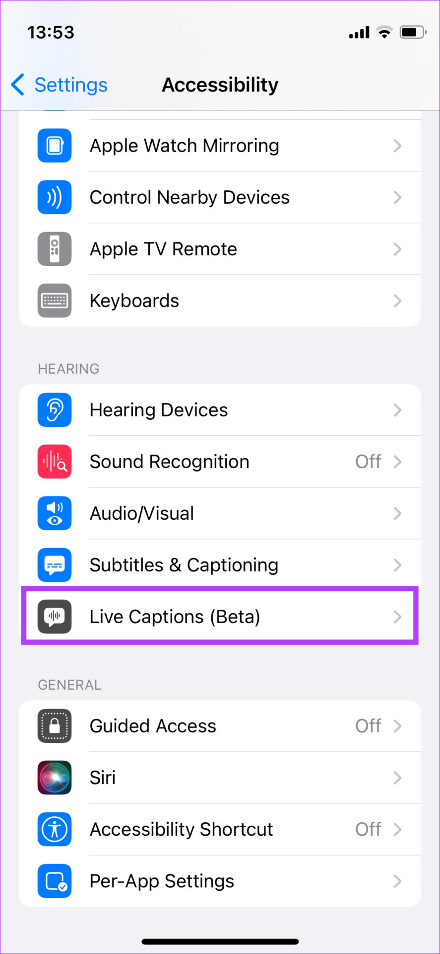 Go to live captions settings on iPhone
