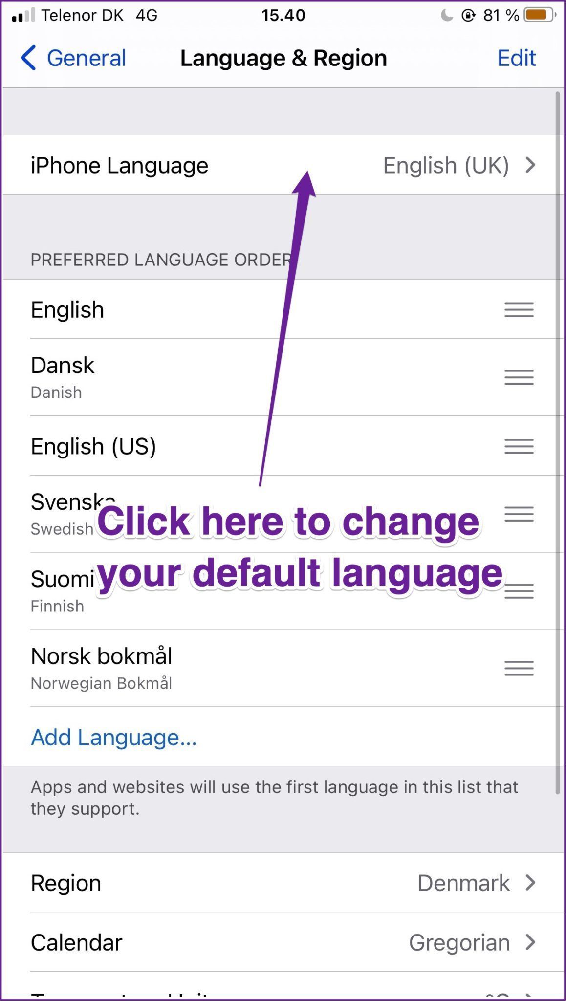 Iphone change default language in settings