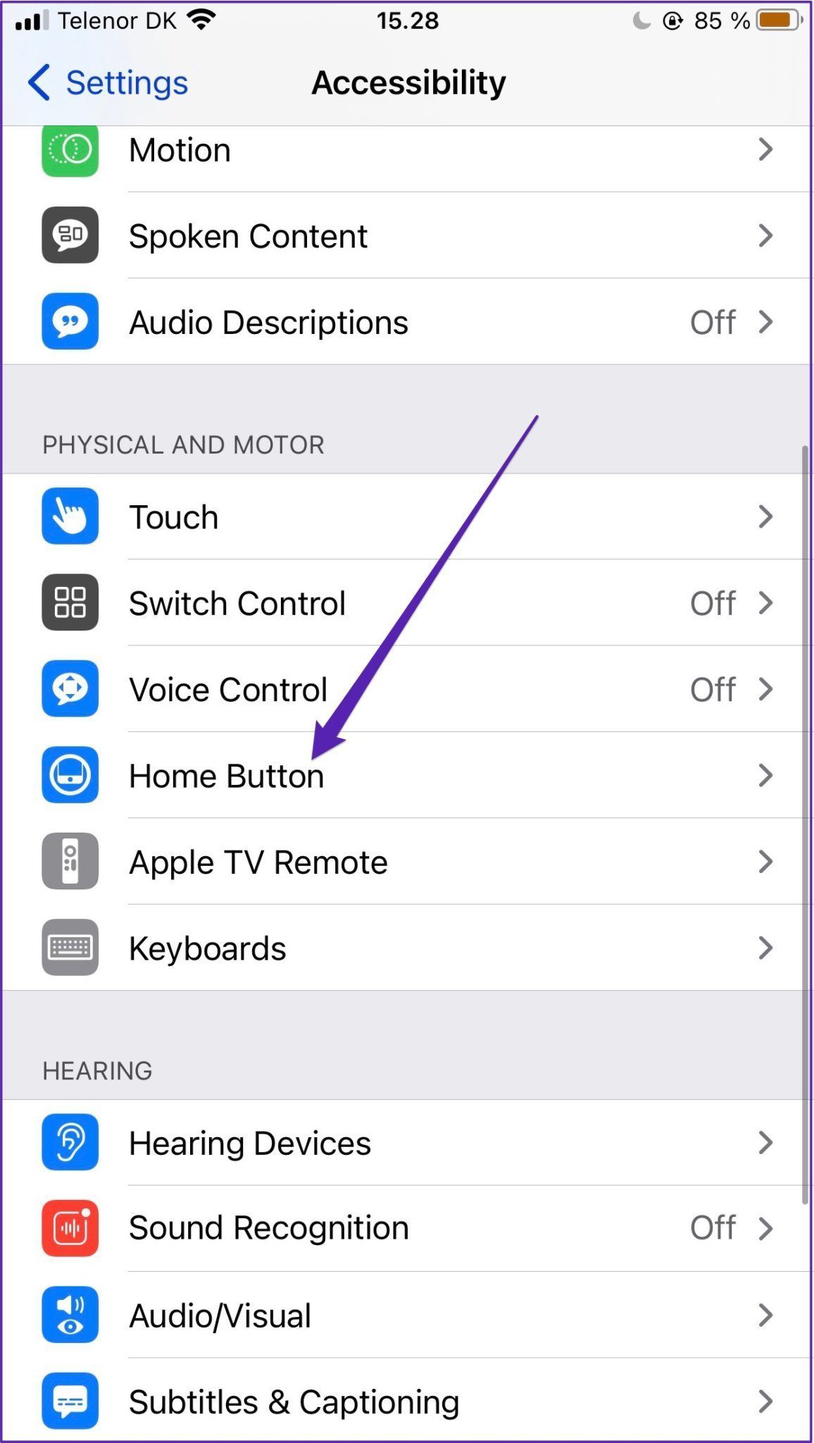 Iphone select home button settings