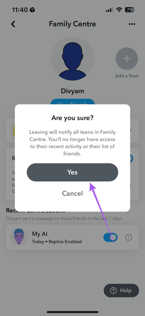 leave family center snapchat parent account